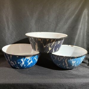 Vintage, Blue Marble Enamel Mixing Bowls, “3” pieces